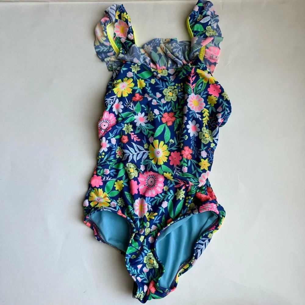 🍭 Cat & Jack Girls Blue Floral One-Piece Swimsuit - Size Small (6/6X) (Used)